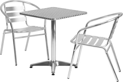 Flash Furniture Juego de mesa cuadrada de aluminio para interiores y exteriores de 23.5 pulgadas con 2 sillas traseras de listones