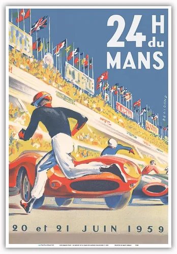 Miniatura 10 de 1959 Grand Prix - 24 horas de Le Mans Francia - Carreras de resistencia - Póster de carreras de coches vintage por Michel Bélignod c.1959