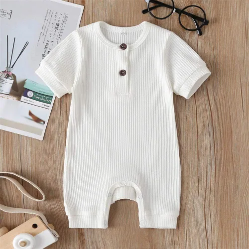 Miniatura 125 de Mameluco unisex de manga corta para bebé recién nacido, con botones, de una pieza, ropa de color sólido