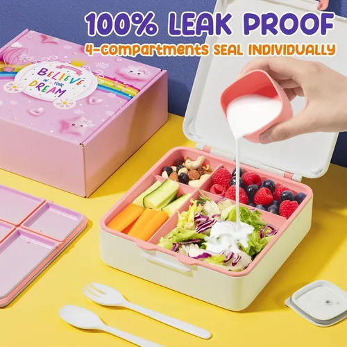 Miniatura 4 de Fimibuke Lonchera Bento para niños, a prueba de fugas, con 4 compartimentos, sin BPA, apta para lavavajillas, con utensilios, tamaños de porciones