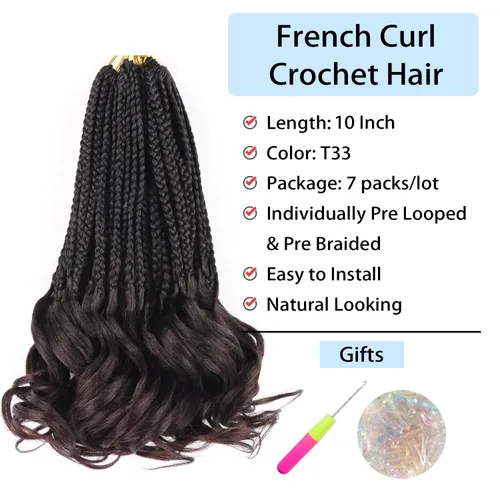 Miniatura 2 de Trenzas de ganchillo rizado francés T33, cabello pre-anillado 10 pulgadas, trenzas cortas rizadas francesas con extremos rizados, trenzas box