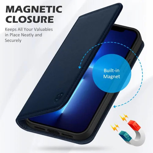 Miniatura 7 de SHIELDON Funda tipo cartera folio para iPhone 13 de 6.1 pulgadas, de piel auténtica, con función atril, bloqueo RFID, tarjetero magnético, Azul
