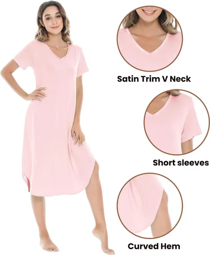 Miniatura 3 de NACHILA Camisones para mujer, viscosa hecha de bambú, cuello en V, manga corta, ropa de dormir fresca
