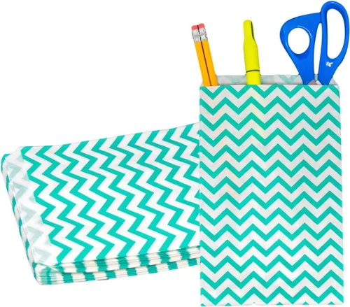 Miniatura 11 de Novel Box - Paquete de 100 bolsas planas de mercancía con estampado de cheurón azul de 4 x 6 pulgadas, elegante bolsa para regalos de cumpleaños