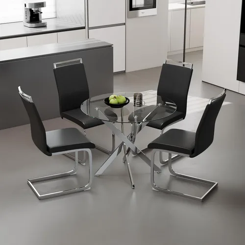Miniatura 15 de Juego de mesa de comedor redonda de vidrio templado para 4, juego de mesa de cocina moderna de 5 piezas con 4 sillas tapizadas para cocina y comedor