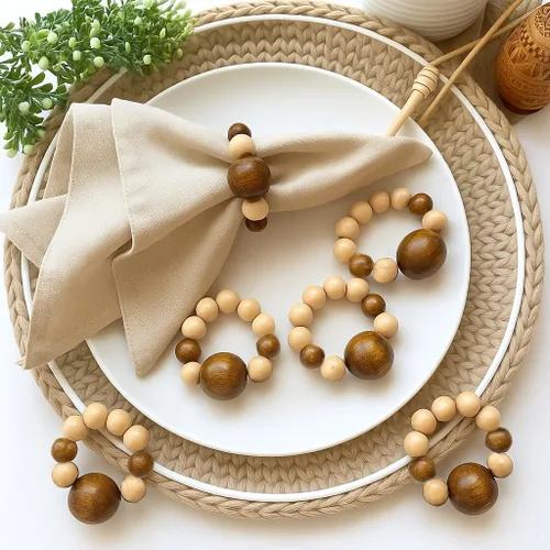 Juego de 6 servilleteros modernos con cuentas de madera | Servilleteros de cena para vacaciones y Navidad, fiesta de cumpleaños y decoración de boda