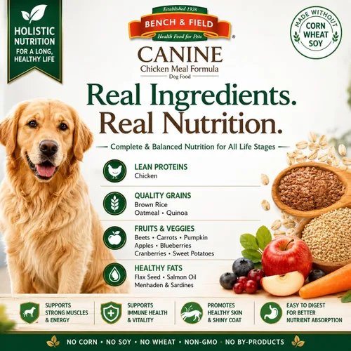 Miniatura 5 de Bench & Field Holistic Premium - Alimento seco para perros, receta de harina de pollo y arroz integral, hecho sin maíz, trigo o soja, para todas