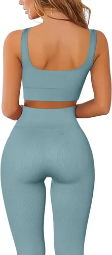 Miniatura 2 de FAFOFA - Conjuntos de entrenamiento acanalados para mujer, 2 piezas, brasier deportivo sin costuras, leggings de yoga de cintura alta