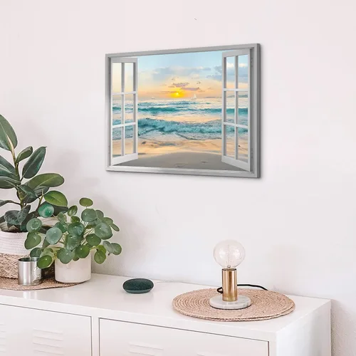Miniatura 3 de Arte de Lienzo de Ventana Abierta para Pared: Paisaje Costero de Playa al Atardecer Vista de Ventana Falsa Imagen Olas Azules del Océano Pintura