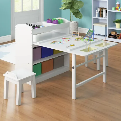 Mjkone Juego de mesa de arte y 2 sillas para niños, juego de mesa de madera para niños con almacenamiento de suministros, contenedores de lona,