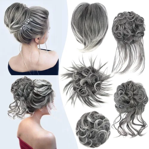 Miniatura 15 de HMD 5 piezas de moño despeinado para mujer, extensión de cabello con banda de goma elástica, extensión de cabello largo y desordenado, accesorios