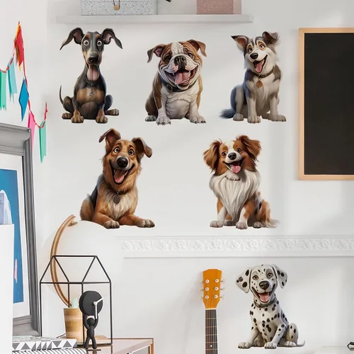 Miniatura 3 de Calcomanías de pared con diseño de seis razas de cachorros, calcomanías de pared de perros de dálmata, Husky Border Collie, Bulldog Francés