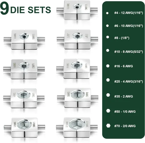 Miniatura 3 de Pinza Hidráulica para Lengüetas de Cable 10 TON USA 12 AWG a 00 (2/0) Kit de Herramienta de Alambre y Terminal de Cable Eléctrico con 9 Troqueles