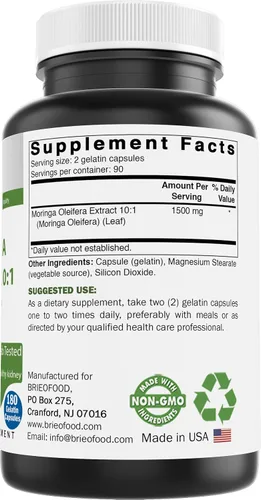 Miniatura 2 de Brieofood Extracto de Moringa Oleifera 10:1 1500 mg - 180 cápsulas - Suplemento sin OMG y sin gluten - Superalimento verde de hoja de moringa