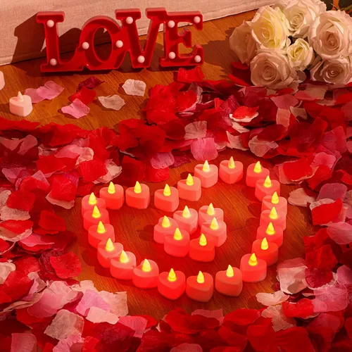Miniatura 2 de VIHOSE 4000 pétalos de rosa artificiales con 24 velas LED de té, velas LED sin llama, pétalos de rosa falsos para bodas, fiestas de cumpleaños
