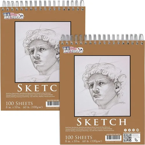 U.S. Art Supply Cuaderno de bocetos encuadernado en espiral superior de 8 x 10 pulgadas, paquete de 2, 100 hojas cada una, 60 libras (100 gsm), sin