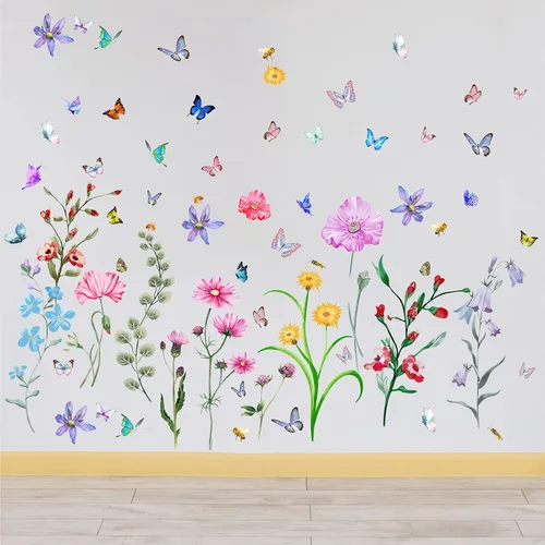 Miniatura 5 de Calcomanías de pared de flores coloridas con mariposa y abeja, 58 unidades, calcomanías de pared de flores extraíbles, bricolaje para despegar y 58