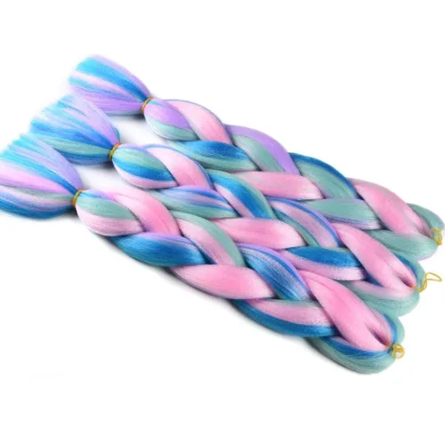 Miniatura 7 de Cabello trenzado jumbo para mujer, mezcla de extensiones de cabello de cuatro colores para trenzar, 24 pulgadas, colores arcoíris, fibra sintética