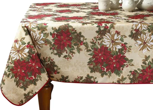 Miniatura 6 de Violet Linen Mantel impreso con diseño de jardín de flor de pascua europea, color beige, redondo de 60 pulgadas