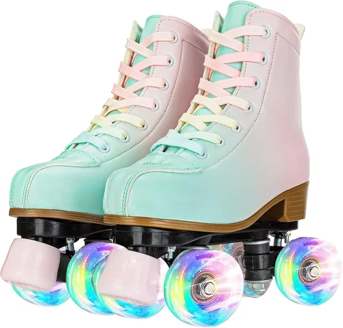 YYW Patines de ruedas para niñas y mujeres, fantásticos patines de PU con gradiente rosa y verde iluminados para niños y jóvenes, para interiores y