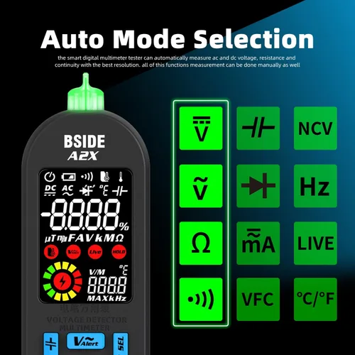 Miniatura 2 de BSIDE Multímetro digital recargable Probador de amplificador eléctrico LCD de color 6000 cuentas Voltímetro inteligente automático VFC Diodo de A2X