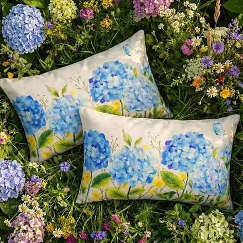 Miniatura 9 de Blue Hydrangea Floral Decor Outdoor Lumbar Pillow Covers Waterproof 12x20 Inch Set of 2, Summer Hydrangea Flower Decorative Pillows for Porch Couch