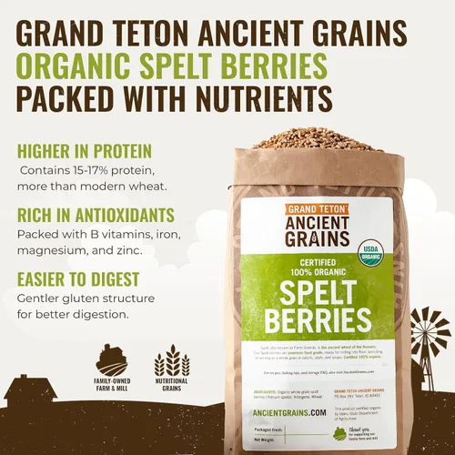 Miniatura 2 de Grand Teton Ancient Grains - Bayas de espelta 100% orgánicas, 5 libras, bayas enteras de espelta sin moler, grano orgánico Farro cultivado