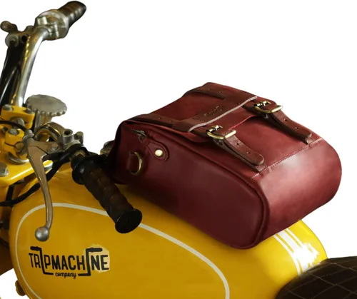 Miniatura 16 de Bolsa de tanque magnética de cuero genuino para motocicleta de Trip Machine Company con montaje en asiento trasero y cola, con correa para el hombro