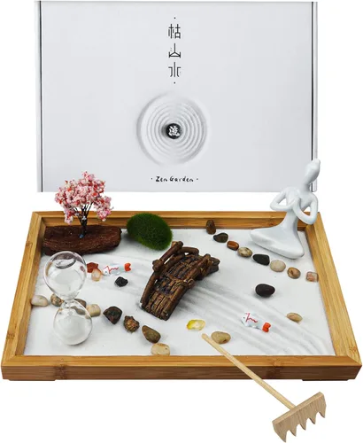 Jardín zen japonés para escritorio, Life Flows de 12 x 8 pulgadas, mini jardín zen con arena blanca, rastrillos y accesorios de rocas de árbol