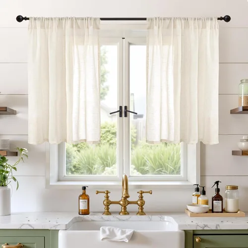 Miniatura 42 de BGment Cortinas de lino café de 30 pulgadas de largo para ventana pequeña, cortinas de media ventana beige semitransparentes ligeras con bolsillo