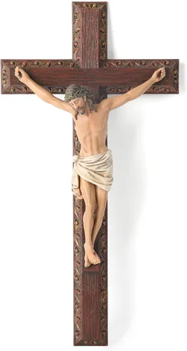 Crucifijo católico BC de pared, cruz de Jesucristo, regalo religioso devoto, aspecto tallado en madera, 12 pulgadas de alto, pintado a mano por A