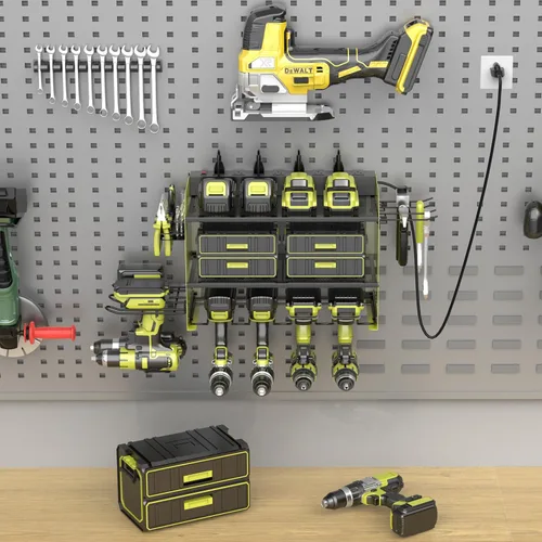 Miniatura 5 de Estante de almacenamiento de taladro de montaje en pared con estación de carga, organizador de herramientas eléctricas, soporte para taladros