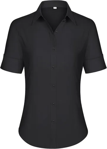 siliteelon Camisas de vestir de manga corta con botones para mujer, camisas de algodón con botones para mujer, blusa ajustada de manga 3/4