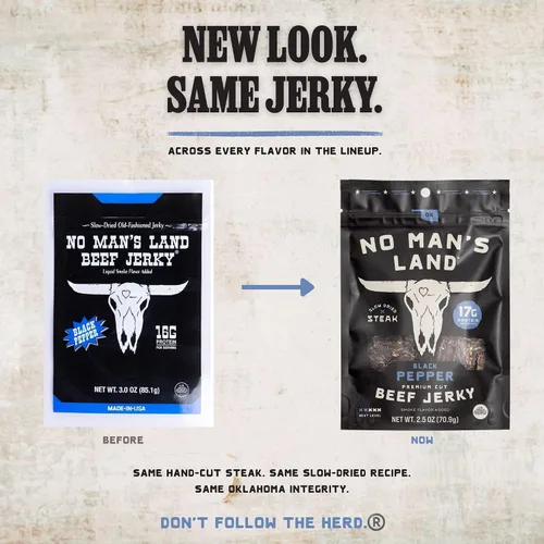 Miniatura 5 de No Mans Land Beef Jerky - Pimienta negra Tiras de carne seca secadas lentamente, ahumadas y sazonadas Bocadillo de carne de res alto