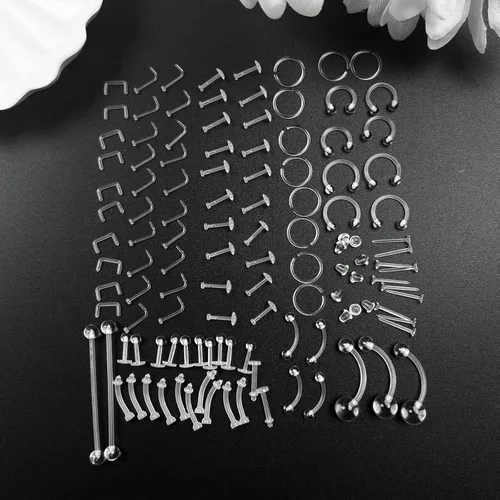 Miniatura 5 de Kit de 109 piezas de retenedores de piercings transparentes, nariz, tabique, ceja, labio, labio, labio, lengua, vientre, tragus, cartílago, anillos
