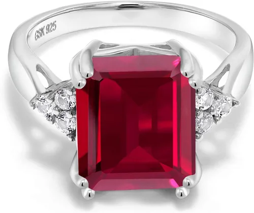 Miniatura 39 de Gem Stone King Anillo de compromiso con piedra natal de 5-10 quilates para mujer, plata de ley 925, corte esmeralda de 0.47 x 0.394 pulgadas, anillo