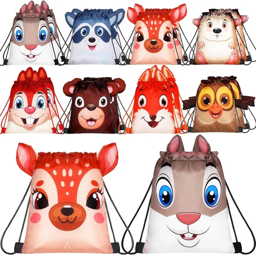 Hillban 16 bolsas de animales con cordón para niños, mochila con cordón para fiestas de niños, con oreja, para cumpleaños de safari (estilo bosque)
