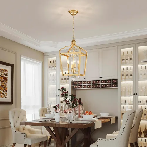 Miniatura 8 de Gold Crystal Chandelier, 4-Light Modern Chandeliers for Dining Room Light Fixture Over Table Adjustable Height Hanging Farmhouse Pendant Light for