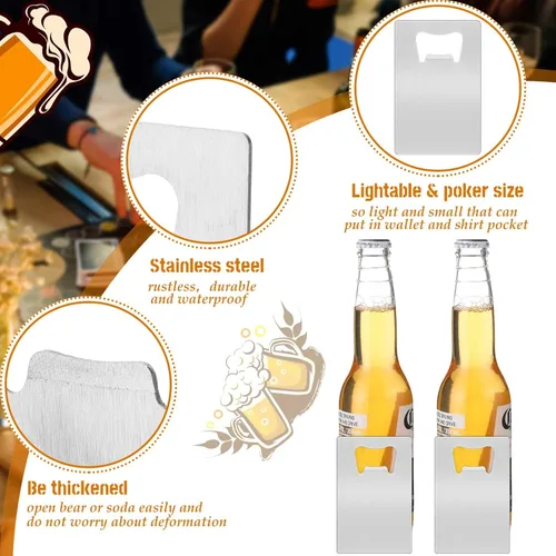 Miniatura 6 de Nuogo 100 abrebotellas de tarjetas de acero inoxidable, abrebotellas de metal a granel, abrelatas de cerveza para padrinos de boda, abrebotellas