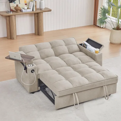 Miniatura 16 de hansones Sofá cama extraíble multifuncional de 66 pulgadas con mesa auxiliar oculta, reposabrazos de almacenamiento, puerto de carga integrado