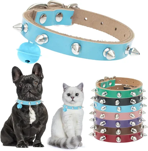 Miniatura 14 de BINGPET Collar de piel con clavos para gatos con campanas, collar de perro tachonado con hebilla, collares góticos suaves para gatitos con púas