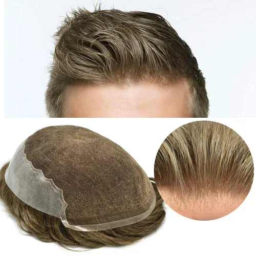 Miniatura 53 de Peluca de repuesto de cabello natural de poliuretano con encaje frontal para hombre (7x9 pulgadas, densidad de luz, 1B40# negro natural con 40% gris)