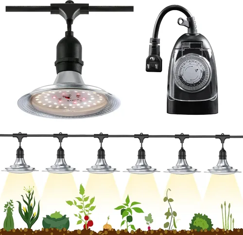 Luz LED de cultivo para exteriores con temporizador, tira de luz de crecimiento de espectro completo de 6 bombillas, lámparas de plantas
