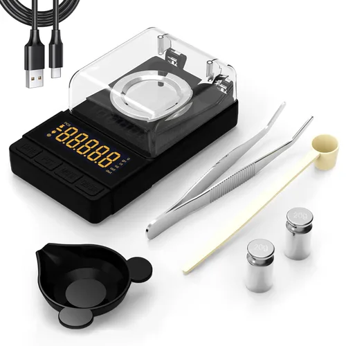 MAXUS - Balanza digital de miligramos 50 g/0,001 g, balanza compacta de mg con peso de calibración de 20 g y accesorios, balanza de polvo negro para