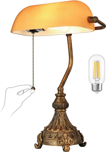 Miniatura 10 de Lámpara de Escritorio de Banqueros Retro de Cristal Ámbar con Interruptor de Cadena de Tirar para Oficina en Casa, Biblioteca, Accesorio Enchufable