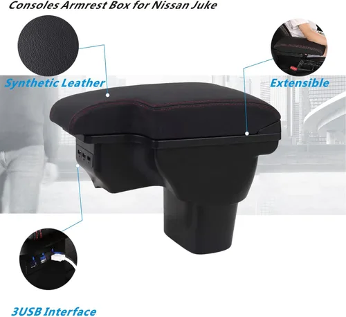 Miniatura 4 de Consolas Apoyabrazos para Nissan Juke 2010-2017 Caja de consola central reposabrazos caja con carga USB costuras negras