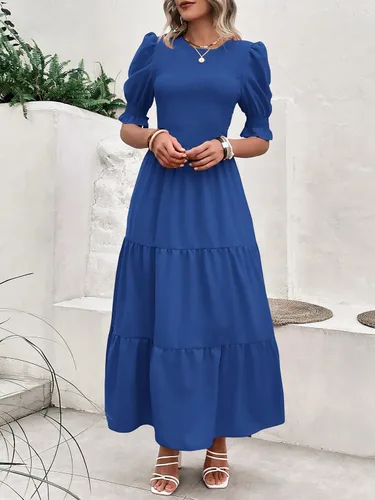 Miniatura 67 de BTFBM Vestidos para mujer, cuello redondo, casual, de verano, con volantes, manga corta, bohemio, con niveles, fruncido, largo, con estampado floral