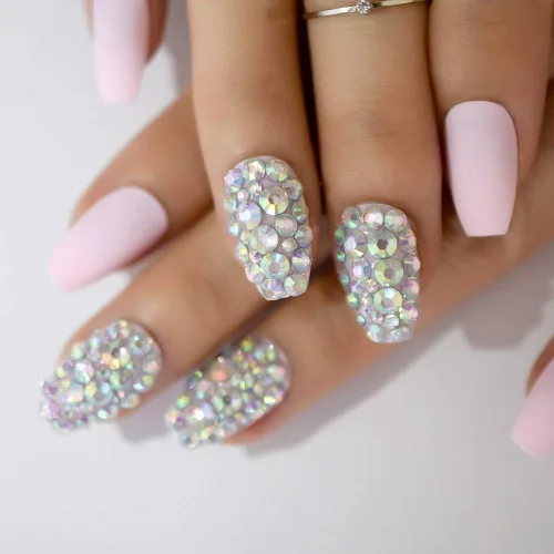 Miniatura 18 de Coolnail - Puntas de uñas postizas de acrílico rosa metálico sexy, strass rosa claro, espejo decorativo brillante, uñas artificiales cortas L5538