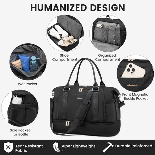 Miniatura 6 de Bolsa de gimnasio para mujer LOVEVOOK Travel Duffel Bag con puerto de carga USB, Negro