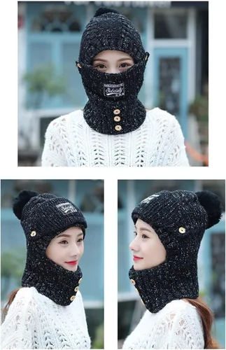 Miniatura 2 de Máscara 2 en 1 para mujer, bufanda de punto, gorro elástico cálido de invierno con protectores de oídos, resistente al viento, gorra integrada
